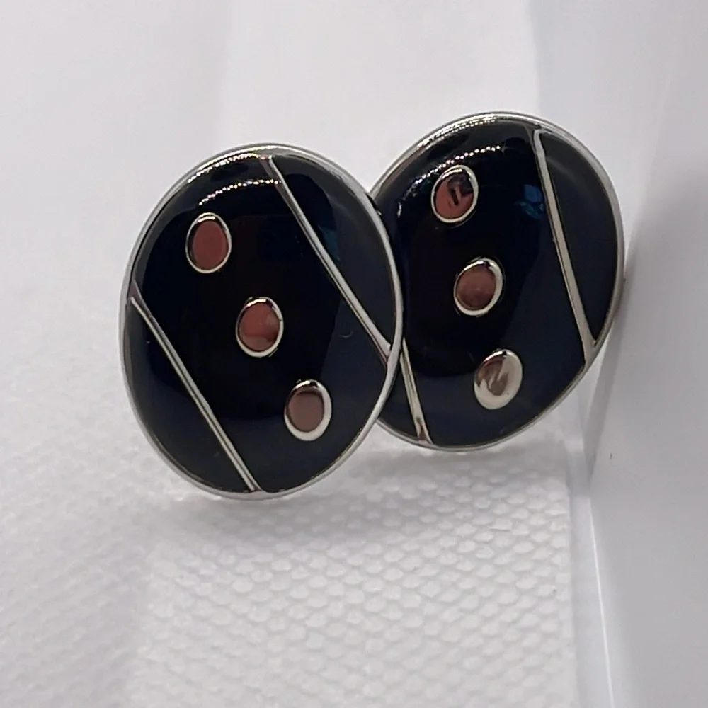 Black Oval Enamel Cufflinks w “Dot” Pattern Silver & Black! Stocking Stuffer!